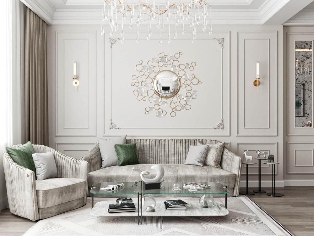 Phòng khách phong cách tân cổ điển với sofa nhung và đèn chùm pha lê,