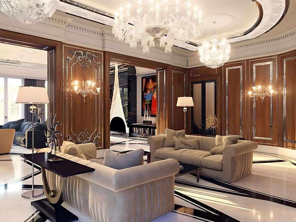 Phòng khách phong cách tân cổ điển với sofa vải tường ốp gỗ sang trọng