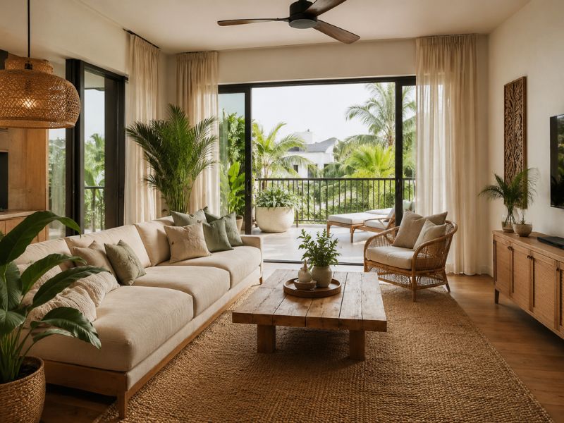 Phòng khách phong cách thiết kế nội thất Tropical với sofa be, cây xanh lớn, bàn gỗ và cửa kính rộng