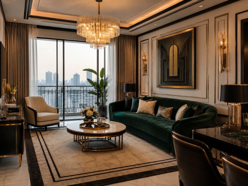 Phòng khách phong cách thiết kế nội thất chung cư Art Deco với sofa nhung xanh đậm, đèn chùm pha lê, bàn trà tròn viền kim loại và mảng tường hình học đối xứng