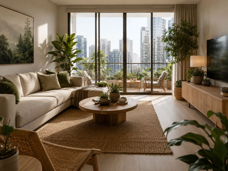 Phòng khách phong cách thiết kế nội thất chung cư Biophilic với sofa sáng màu, bàn trà gỗ tròn, cây xanh trong nhà và ban công nhiều ánh sáng tự nhiên