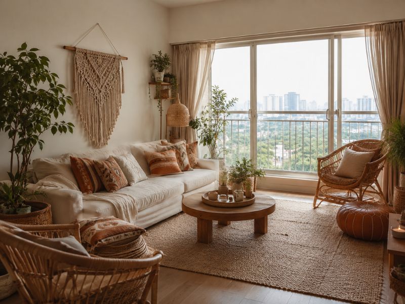 Phòng khách phong cách thiết kế nội thất chung cư Bohemian với sofa sáng màu, gối họa tiết thổ cẩm, bàn trà gỗ thấp và ghế mây cạnh cửa kính lớn