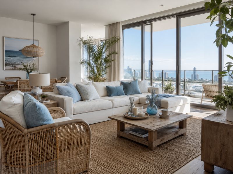 Phòng khách phong cách thiết kế nội thất chung cư Coastal với sofa trắng, gối xanh biển, bàn trà gỗ và ghế mây cạnh cửa kính lớn