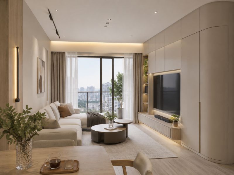 Phòng khách phong cách thiết kế nội thất chung cư Đài Loan với sofa sáng màu, bàn trà tròn, hệ tủ âm tường bo cong và cửa kính lớn đón sáng
