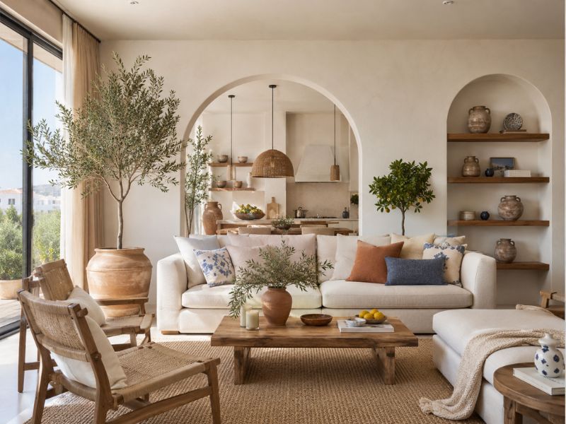 Phòng khách phong cách thiết kế nội thất chung cư Địa Trung Hải với sofa trắng, bàn trà gỗ, hốc tường vòm và cây olive trang trí