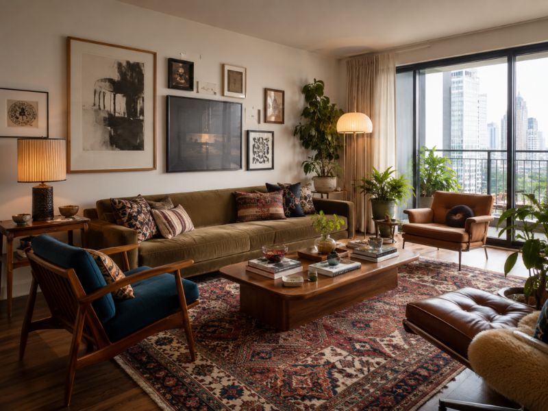 Phòng khách phong cách thiết kế nội thất chung cư Eclectic với sofa xanh rêu, ghế gỗ bọc nệm, thảm họa tiết cổ điển và bộ tranh treo tường đa dạng