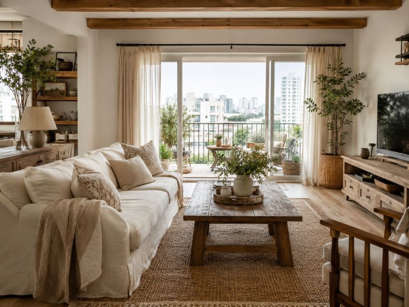 Phòng khách phong cách thiết kế nội thất chung cư Farmhouse với sofa vải sáng màu, bàn trà gỗ mộc, thảm dệt và cửa kính mở ra ban công