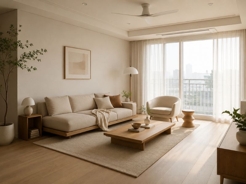 Phòng khách phong cách thiết kế nội thất chung cư Hàn Quốc với sofa be, bàn trà gỗ, ghế đơn và cửa kính lớn nhìn ra ban công