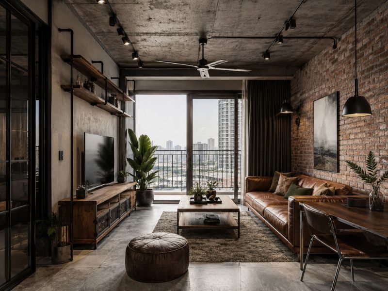 Phòng khách phong cách thiết kế nội thất chung cư Industrial với tường gạch thô, trần bê tông, sofa da nâu và kệ tivi gỗ khung sắt