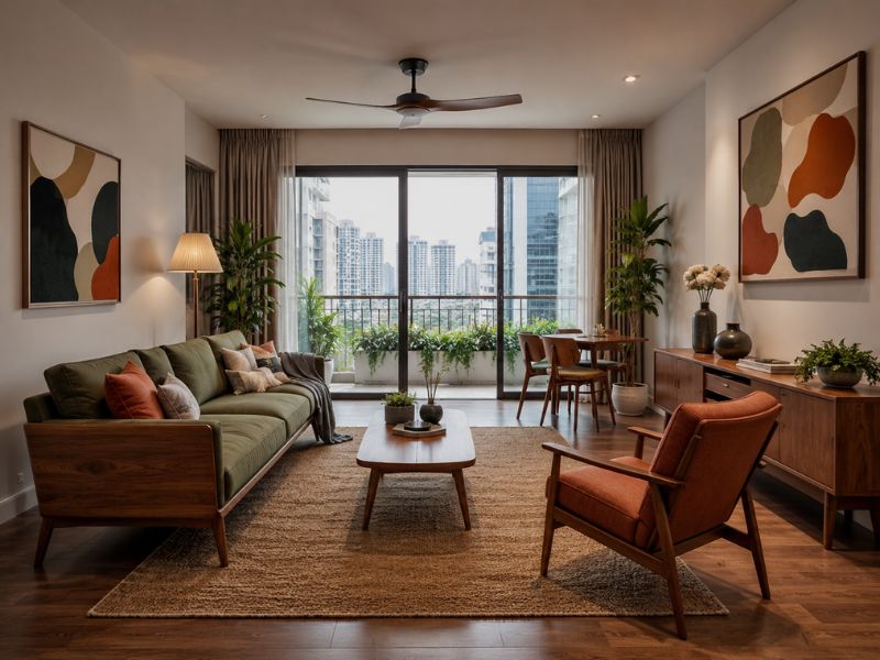 Phòng khách phong cách thiết kế nội thất chung cư Mid-Century Modern với sofa gỗ bọc nệm xanh olive, ghế đơn màu cam, bàn trà thấp và tranh trừu tượng