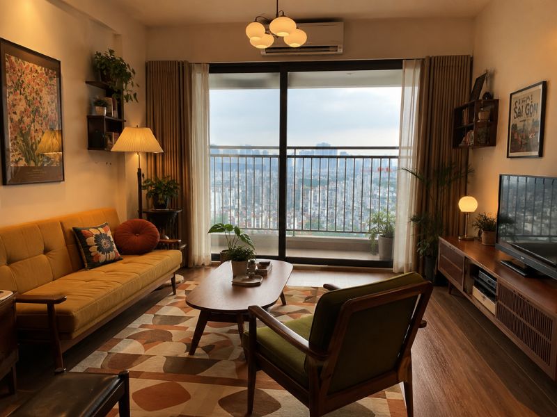 Phòng khách phong cách thiết kế nội thất chung cư Retro với sofa vàng mustard, ghế gỗ bọc nệm, thảm họa tiết hình học và ban công nhìn ra thành phố