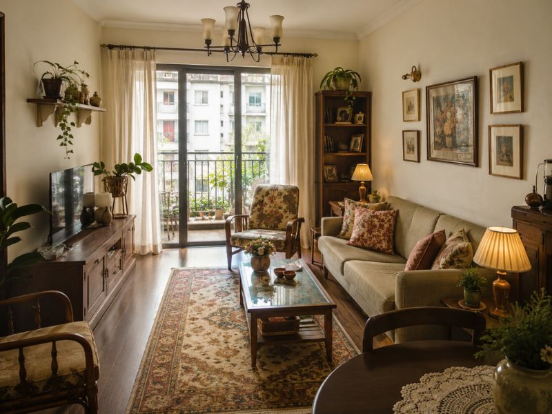 Phòng khách phong cách thiết kế nội thất chung cư Vintage với sofa vải màu kem, bàn trà kính, thảm hoa cổ điển, tủ gỗ cũ và ban công nhiều cây xanh