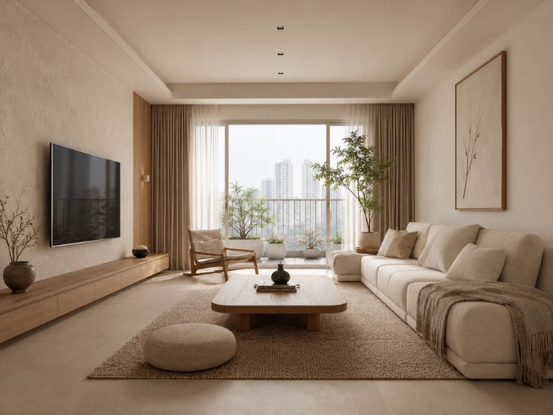 Phòng khách phong cách thiết kế nội thất chung cư Zen với sofa sáng màu, bàn trà thấp, thảm dệt và ban công nhiều cây xanh