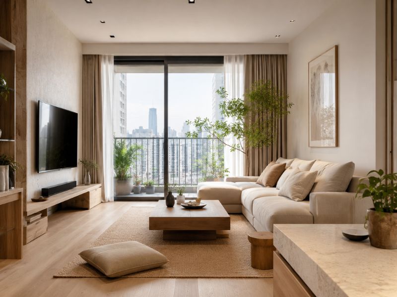 Phòng khách phong cách thiết kế nội thất chung cư Zen với sofa màu kem, bàn trà gỗ thấp, cây xanh và cửa kính lớn đón sáng tự nhiên