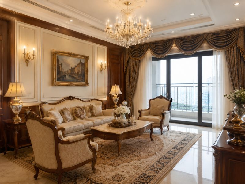 Phòng khách phong cách thiết kế nội thất chung cư cổ điển với sofa chạm khắc, đèn chùm pha lê và rèm vải xếp lớp sang trọng