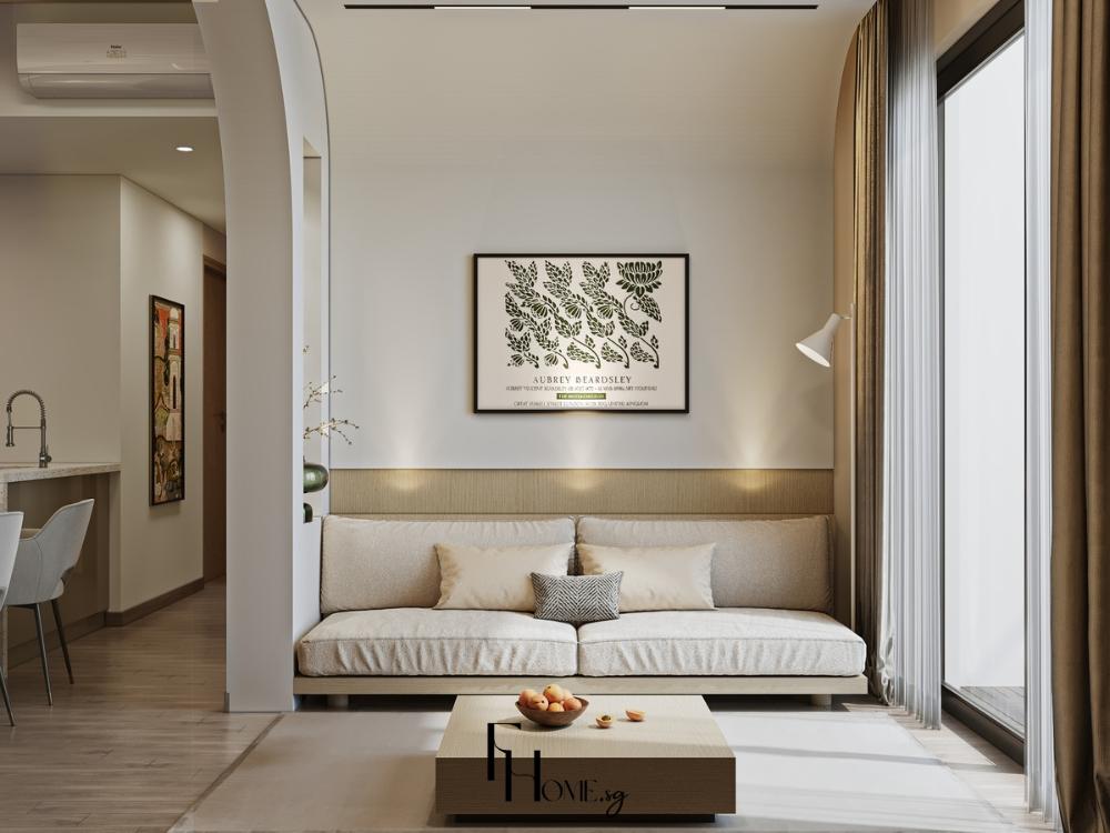 Phòng khách chung cư 2 phòng ngủ theo phong cách tối giản với bộ sofa màu trắng kết hợp bàn thấp