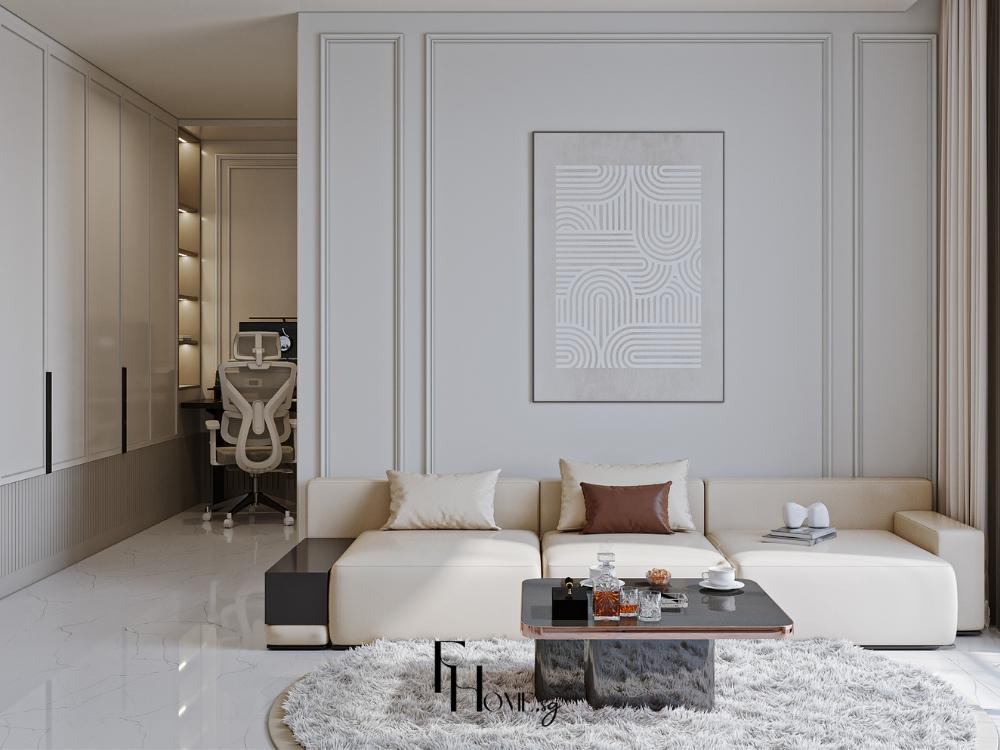 Phòng khách phong cách tối giản, không gian sáng thoáng, chỉ giữ lại những món nội thất cần thiết để tạo vẻ đẹp thanh lịch