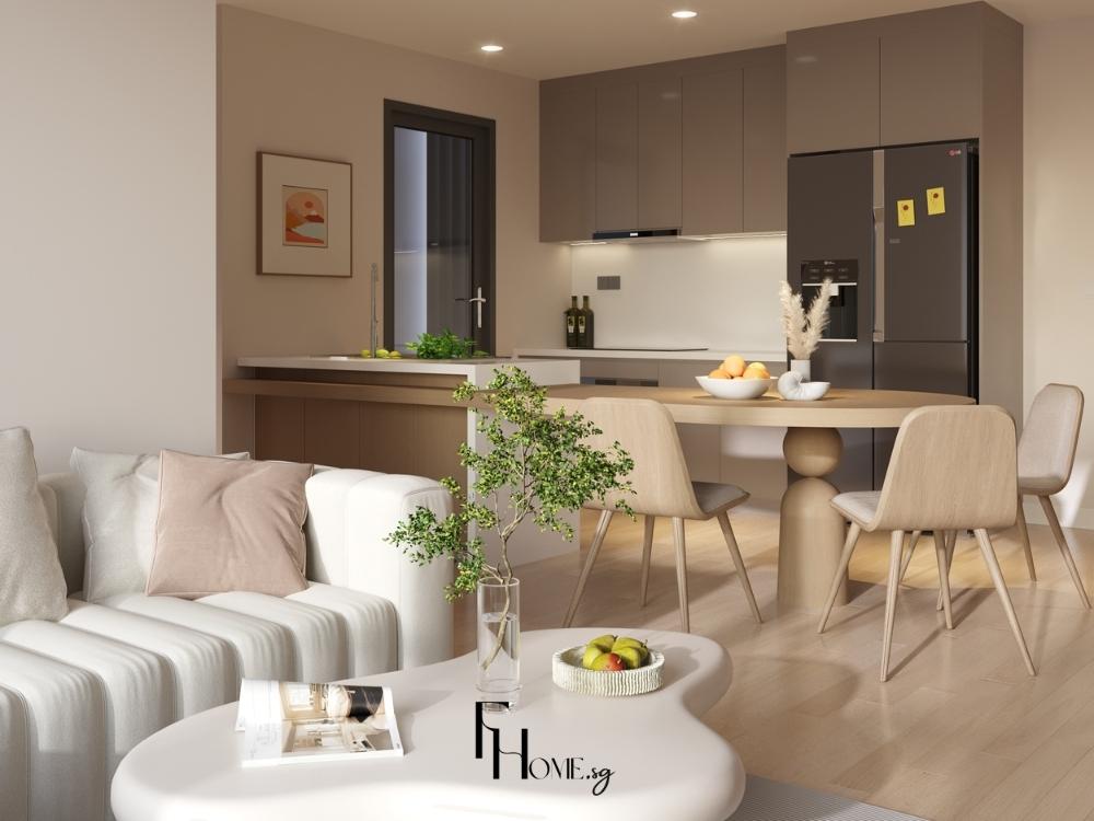 Phòng khách phong cách tối giản liên thông phòng bếp tạo không gian rộng rãi