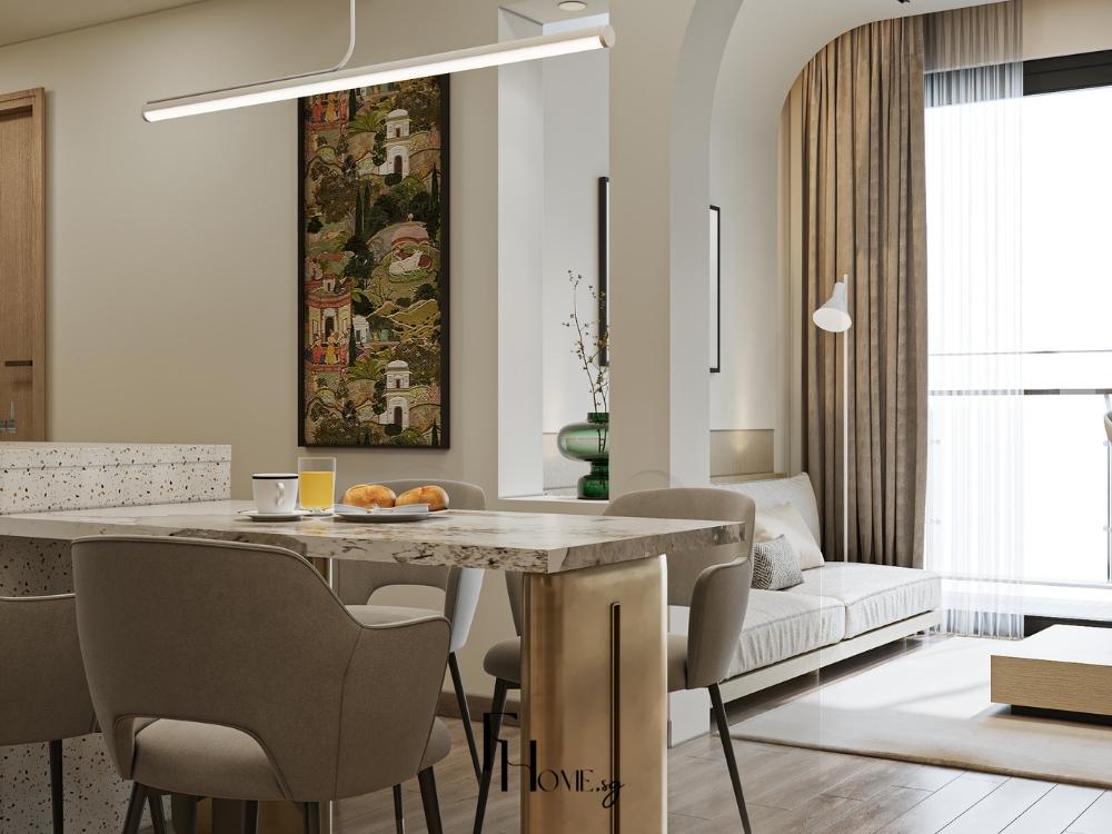 Phòng khách phong cách tối giản liên thông phòng bếp