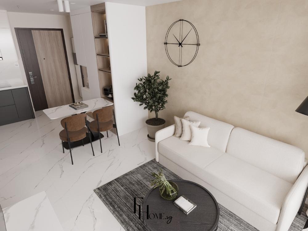 Phòng khách phong cách tối giản, thiết kế gọn gàng với màu sắc đơn giản như trắng và be