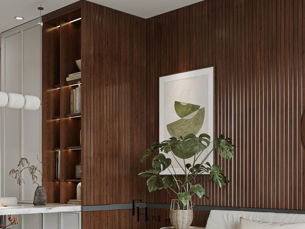 Phòng khách sử dụng gỗ thô tự nhiên với tông màu tối