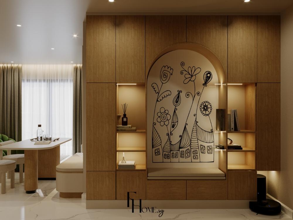 Phòng khách sử dụng gỗ thô và đá tự nhiên, mang lại cảm giác gần gũi, giản dị và đậm chất tự nhiên