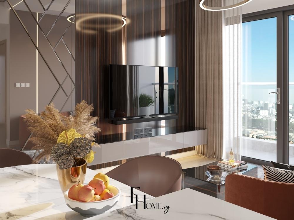 Phòng khách sử dụng nội thất gỗ tạo nên không gian hiện đại mà vẫn giữ tinh thần sinh thái