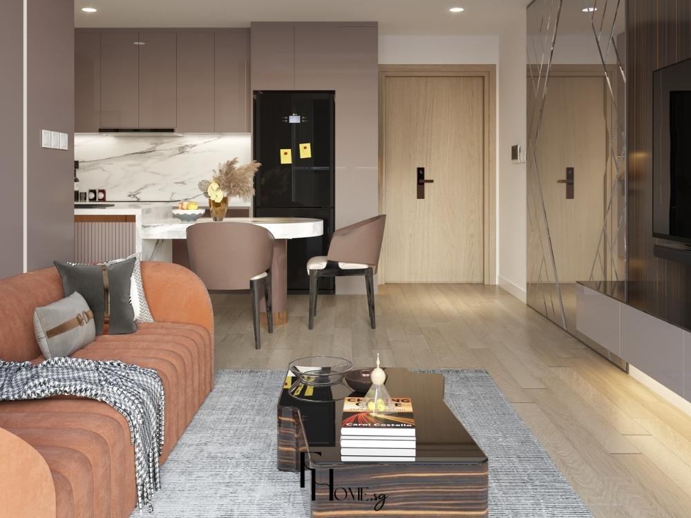 Phòng khách sử dụng sofa và bàn trà có kích thước vừa vặn, đảm bảo không gian lưu thông thoáng đãng