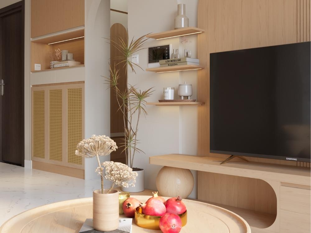 Phòng khách sử dụng tông màu sáng chủ đạo, kết hợp nội thất trung tính và phụ kiện ấm