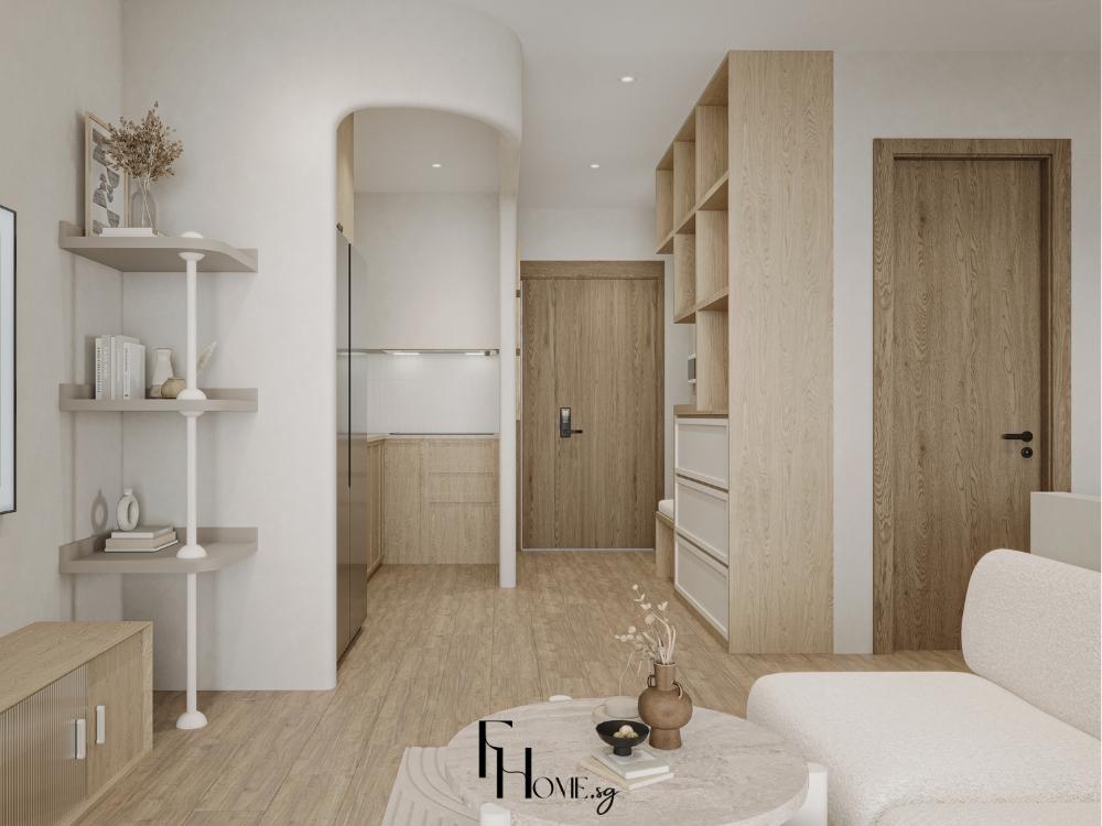 Phòng khách sử dụng tông màu trằn trung tính kết hợp màu sáng của gỗ