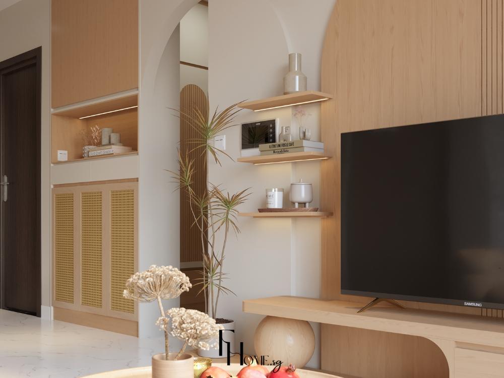 Phòng khách sử dụng tông màu trung tính như be và xám nhạt, kết hợp vật liệu tự nhiên gỗ thô và đá, tạo không gian ấm áp, tĩnh tại và sang trọng tối giản