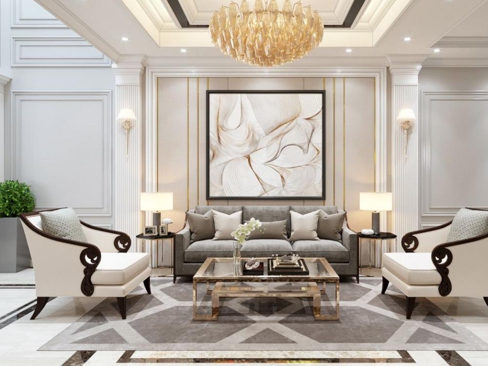 Phòng khách tân cổ điển với sofa và ghế bành đường nét cong mềm mại, mang vẻ sang trọng tinh tế