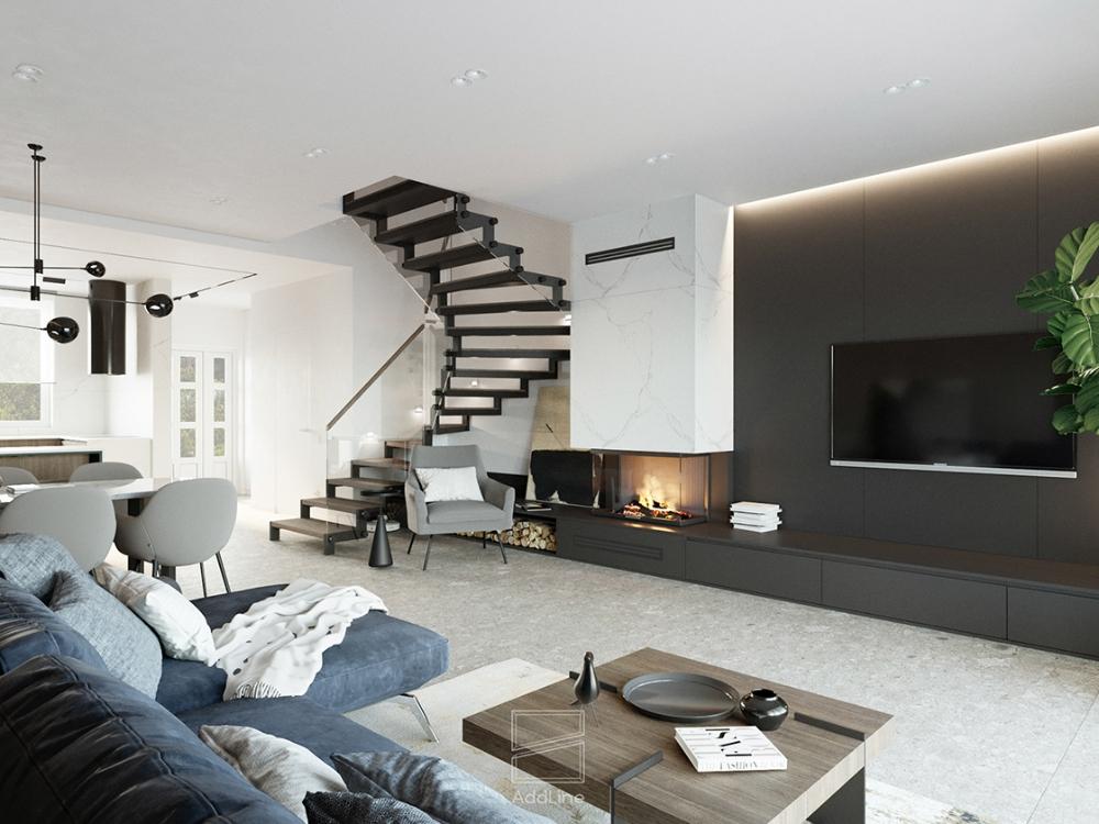 Phòng khách tầng 1 nhà phố 90m² 3 tầng bố trí liên thông với bếp, tạo không gian sinh hoạt chung rộng rãi