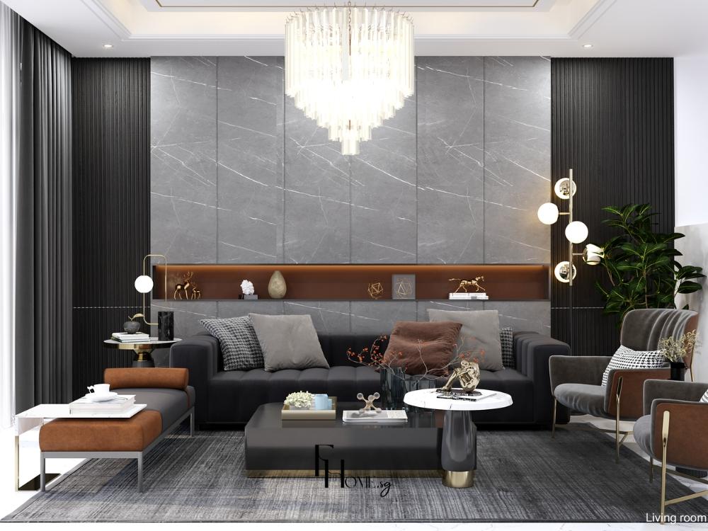 Phòng khách chung cư 90m2 vách đá xám vân trắng lam gỗ đen ghế sofa đen ghế đơn da nâu cam đèn chùm pha lê