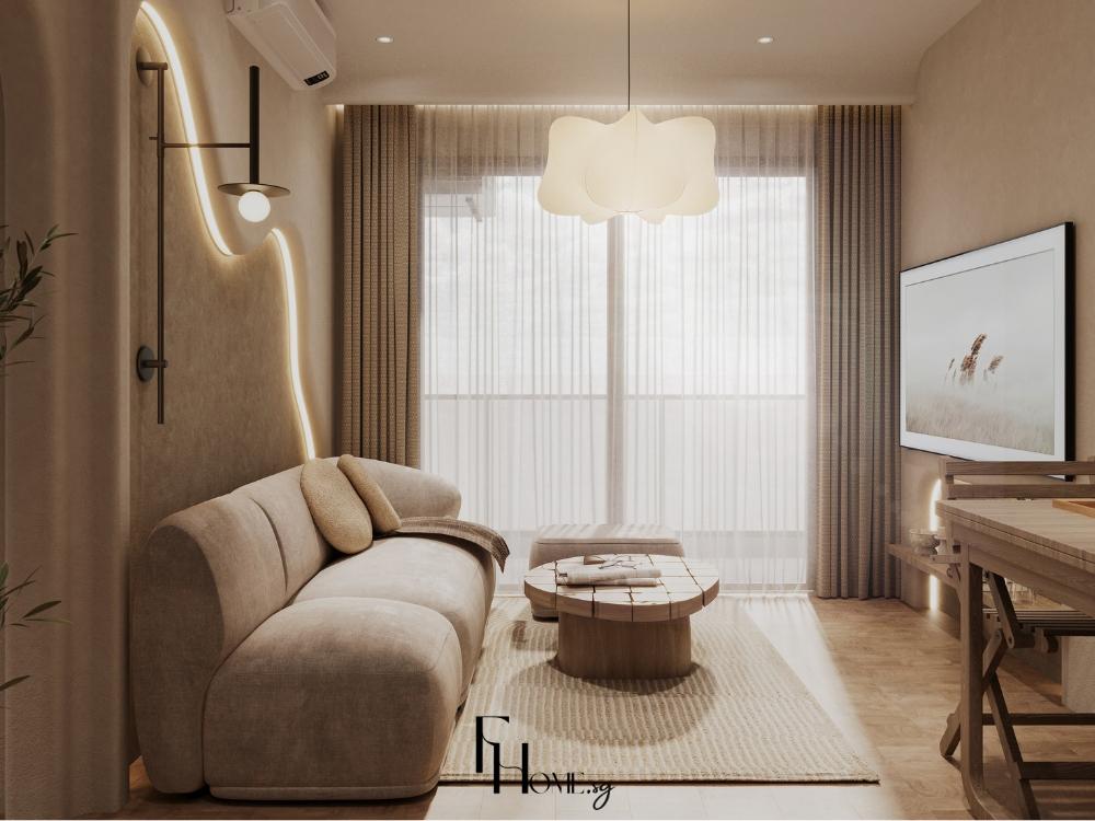 Phòng khách theo phong cách Wabi-sabi với tông màu trắng xám chủ đạo