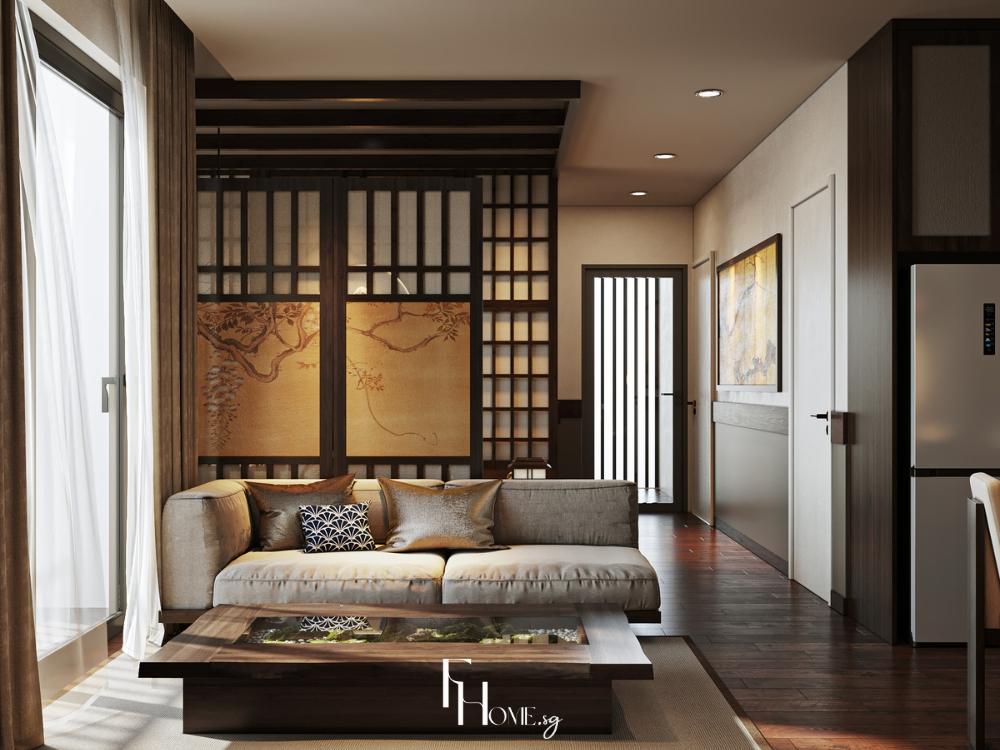 Phòng khách theo phong cách Zen chung cư 2 phòng ngủ 70m2