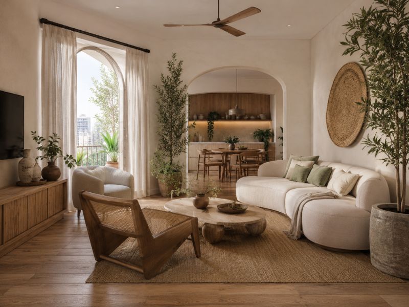 Phòng khách theo phong cách thiết kế nội thất chung cư Eco Organic với sofa bo cong, bàn trà gỗ mộc, cửa vòm và nhiều cây xanh tự nhiên