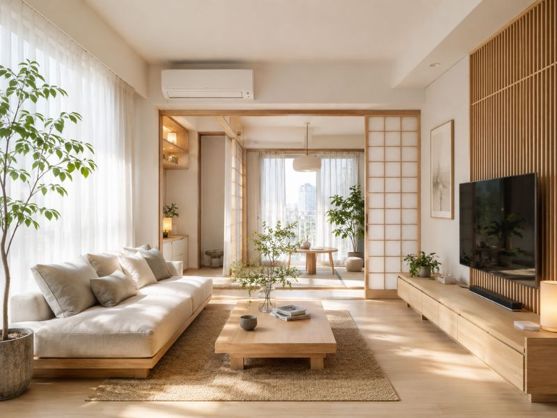 Phòng khách theo phong cách thiết kế nội thất chung cư Nhật Bản với sofa thấp, vách gỗ nan, cửa lùa shoji và ánh sáng tự nhiên dịu nhẹ