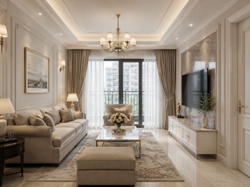 Phòng khách theo phong cách thiết kế nội thất chung cư Tân Cổ Điển với sofa màu kem, đèn chùm, phào chỉ tường và vách tivi ốp đá