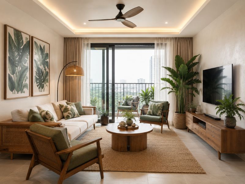Phòng khách theo phong cách thiết kế nội thất chung cư Tropical Modern với sofa sáng màu, nội thất gỗ, cây xanh lớn và ban công thoáng sáng