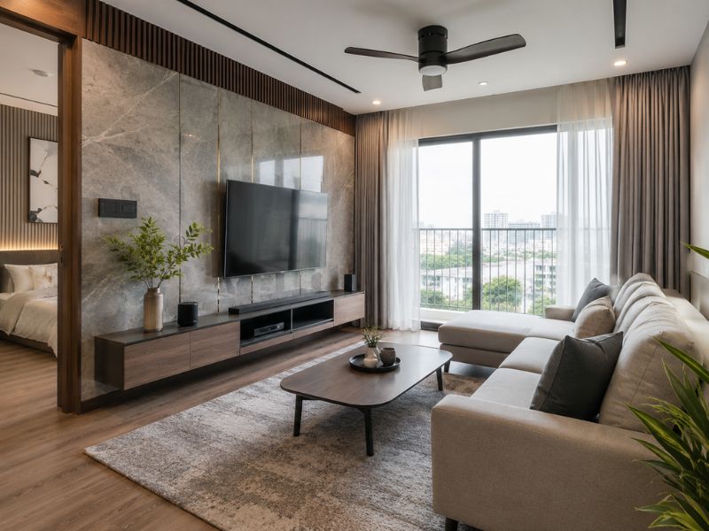 Phòng khách theo phong cách thiết kế nội thất chung cư đương đại với sofa chữ L, vách tivi ốp đá và cửa kính lớn nhìn ra ban công