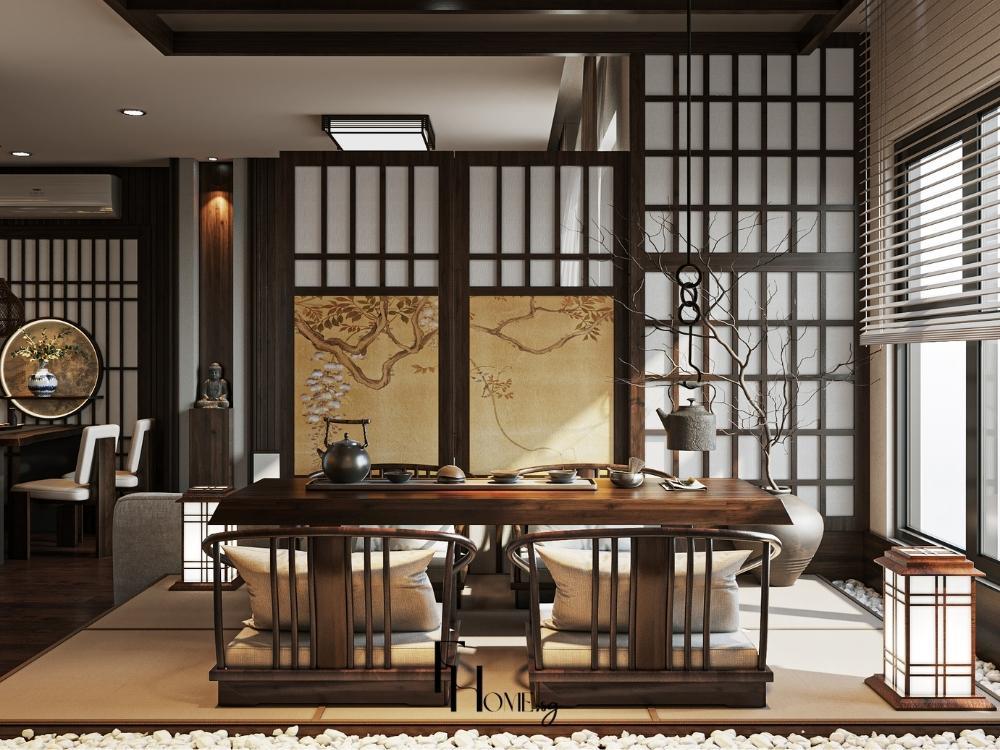 Phòng khách thiết kế Japandi với nội thất gỗ sồi, tre, mây, kết hợp tông màu trắng