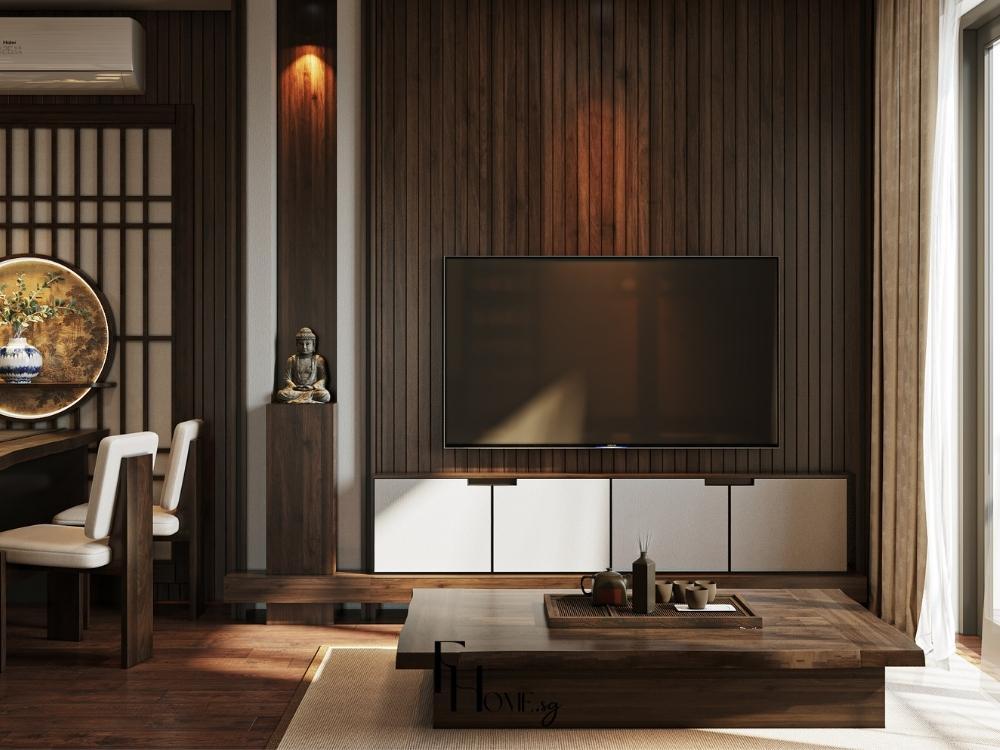 Phòng khách thiết kế Japandi với nội thất gỗ sồi