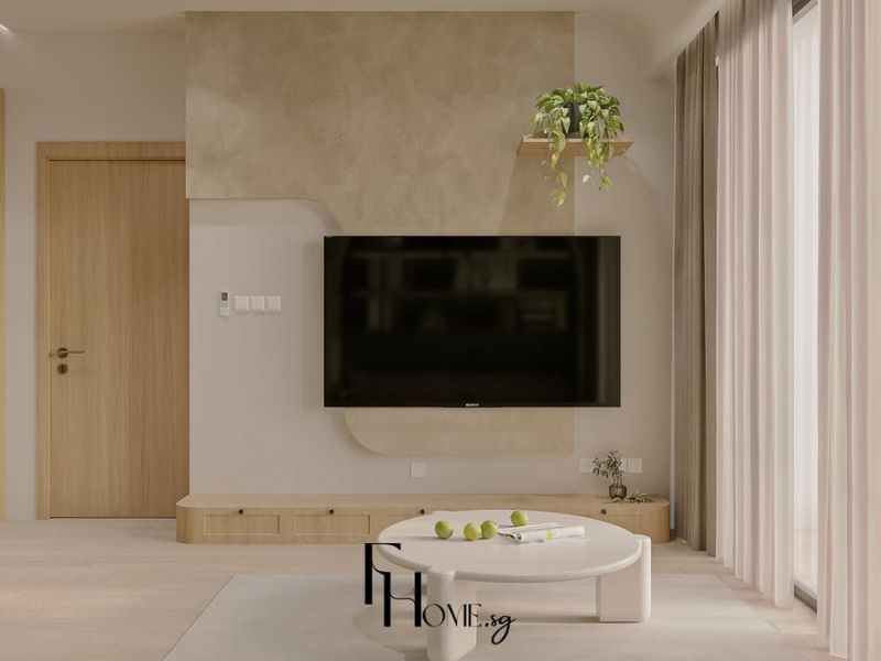 Phòng khách thiết kế nội thất căn hộ 65m2 phong cách Wabi Sabi