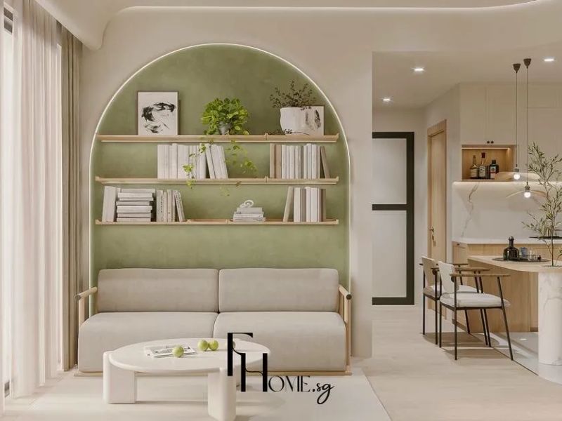 Phòng khách thiết kế nội thất chung cư 65m2 phong cách Wabi Sabi