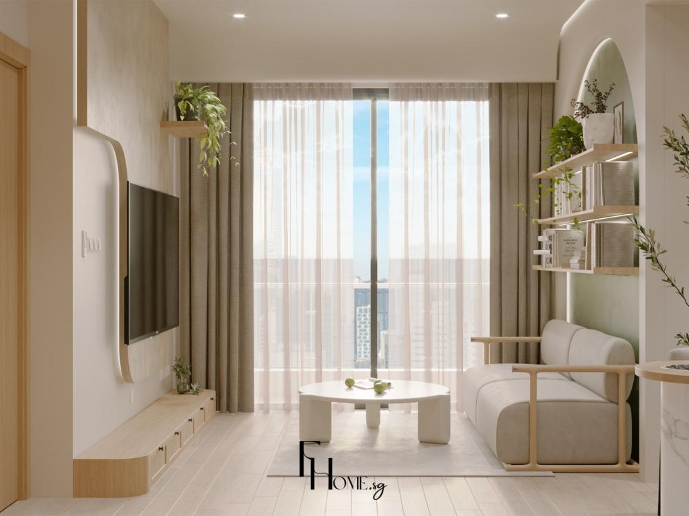 Phòng khách thiết kế theo xu hướng Japandi hiện đại, kết hợp hài hòa giữa gam màu trung tính và vật liệu tự nhiên