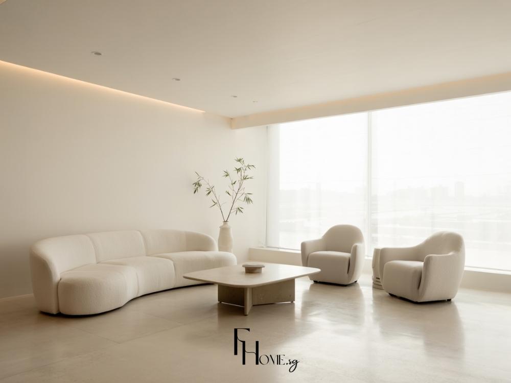 Phòng khách thiết kế tối giản với tông màu trắng chủ đạo