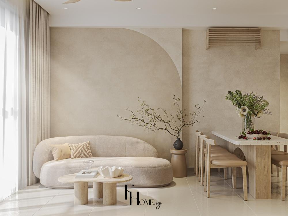 Thiết kế phòng khách 45m2 tích hợp các không gian liền bếp và phòng ăn, sử dụng bố cục mở và ánh sáng tự nhiên