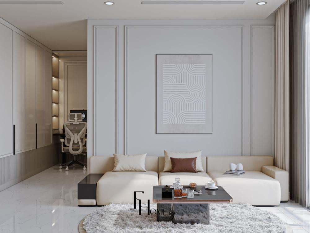 Phòng khách tối giản với sofa vải, bàn trà thuỷ tinh và ánh sáng LED