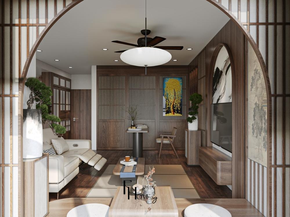 Phòng khách tông nâu gỗ ấm áp kết hợp chi tiết hiện đại và cổ điển, mang lại cảm giác sang trọng nhưng vẫn gần gũi